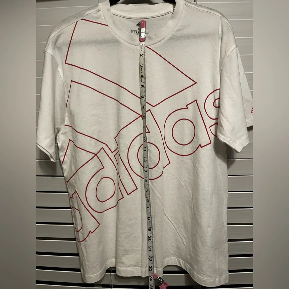 Size M, Adidas, white T-Shirt with red outlined logo letters